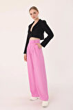 Kadın Pembe Çift Düğmeli Keten Palazzo Pantolon