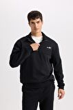 DeFacto Relax Fit Dik Yaka Fermuarlı Baskılı Kalın Sweatshirt D2164AX24AUBK81