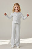 Kız Çocuk Gri Fiyonk Detaylı Uzun Kollu Tişört ve Bol Paça Pantolon Takım - Kız Çocuk Takım 