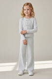 Kız Çocuk Gri Fiyonk Detaylı Uzun Kollu Tişört ve Bol Paça Pantolon Takım - Kız Çocuk Takım 