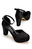 Kadın Siyah Saten Bilekten Bağlamalı Burnu Kapalı Koşma Garantili Platform Topuklu Abiye Ayakkabı