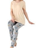 Kadın Düğmesiz Kol Detaylı  Likra Viskon Kısa Kol Tunik Pijama Takımı