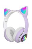 Fuchsia Kedi Kulaklık LED Işıklı Bluetooth Katlanabilir Eğlenceli Mikrofonlu Kulaklık