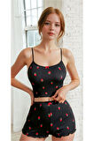 Kadın Çilek Desenli Yazlık Şortlu Askılı Kolsuz Siyah Mini Crop Pijama Takımı