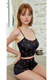 Kadın Çilek Desenli Yazlık Şortlu Askılı Kolsuz Siyah Mini Crop Pijama Takımı