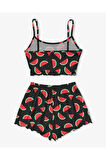 Kadın Desenli Yazlık Şortlu Askılı Kolsuz Siyah Mini Crop Pijama Takımı