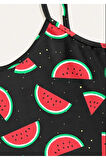 Kadın Desenli Yazlık Şortlu Askılı Kolsuz Siyah Mini Crop Pijama Takımı