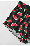 Kadın Desenli Yazlık Şortlu Askılı Kolsuz Siyah Mini Crop Pijama Takımı