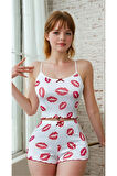 Kadın Beyaz Yazlık Şortlu Askılı Kolsuz Desenli Mini Crop Pijama Takımı