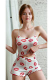 Kadın Beyaz Yazlık Şortlu Askılı Kolsuz Desenli Mini Crop Pijama Takımı