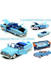 Mavi Chevy Impala 1958 Diecast Model 1.24 Metal Araba Orjinal Motormax