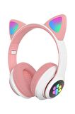 Fuchsia Kedi Kulaklık LED Işıklı Bluetooth Katlanabilir Eğlenceli Mikrofonlu Kulaklık