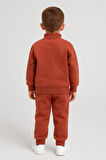 Cg Kids Tatlı kiremit rengi içi pamuklu 3 ip şardonlu dik yaka yarım fermuar ön kanguru dikişli cep erkek çocuk alt üst takım