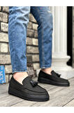 Arda  BA0154 Bağcıksız Yüksek Taban Siyah Keten Siyah Taban Püsküllü Erkek Ayakkabı