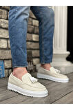 Arda  BA0154 Bağcıksız Yüksek Taban Beyaz Keten Püsküllü Erkek Ayakkabı