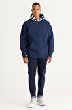 Erkek Lacivert Oversize Fit Bol Kesim Kapüşonlu İçi Polarlı Pamuklu Kapüşonlu Sweatshirt