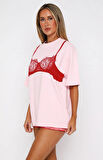 Dantel Bralet Baskılı Pembe Oversize  %100 Pamuk Kadın T-shirt