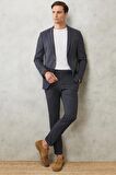 Erkek Antrasit-lacivert Slim Fit Dar Kesim Mono Yaka Kareli Klasik Takım Elbise