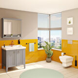 VitrA Valarte 62154 Lavabo Dolabı, Kapaklı, Etajerli Lavabolu, Krom Kulplu, 80 cm, Mat Gri
