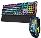 Monozone  Mekanik Klavye Mouse Seti Kablolu Klavye 2.4G Mouse RGB Bilek Desteği Daktilo Klavye Retro 