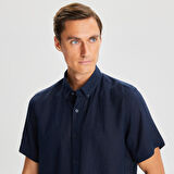 Nautica Erkek Lacivert Classic Fit Kısa Kollu Keten Gömlek