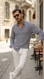 Erkek Salaş Stil Dikey Çizgili Yarım Oversize Gömlek