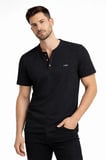 Waffle Erkek Günlük Stil Siyah Dokulu Likralı Henley Yaka Düğmeli Regular Fit Kısa Kollu Tişört