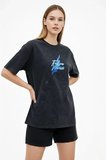 Baskılı Kadın Günlük Stil Siyah Asit Yıkamalı Future Worlds Bisiklet Yaka Kısa Kollu Streetwear %100 Pamuk Street Style Tişört Oversize Tişört