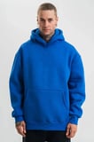 Erkek Salaş Stil Saks Mavi Saks Mavi Double Oversize 3 İplik Pamuklu Kapüşonlu Kanguru Cepli Hoodie Sweatshirt