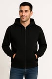 Erkek Sokak Stili Siyah Üç İplik Kapüşonlu Tam Fermuarlı Kanguru Çepli Hoodie Sweatshirt