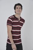 Erkek Fit Duruş İnce Çizgili Bordo Yakalı Slim Fit Dokuma Tişört