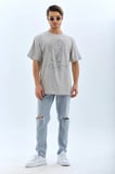Unisex Salaş Stil Taş İşlemeli Melanj Grisi Oversize Bisiklet Yaka Tişört