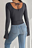 İspanyol Kol U Yaka Crop Bluz
