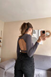Sırt Dekolte Basic Crop Bluz