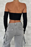 Siyah Madonna Yaka Büzgülü Crop Bluz