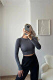 Sırt Dekolte Scuba Kumaş Bisiklet Yaka Basic Crop Bluz