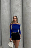 Saks Dalgıç Kumaş Madonna Yaka Büzgülü Crop Bluz