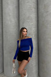 Saks Dalgıç Kumaş Madonna Yaka Büzgülü Crop Bluz