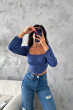 Indigo Madonna Yaka Korse Detaylı Balon Kol Crop Bluz