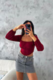 Bordo Madonna Yaka Korse Detaylı Balon Kol Crop Bluz