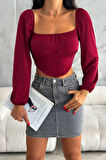 Bordo Madonna Yaka Korse Detaylı Balon Kol Crop Bluz
