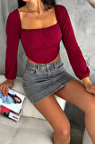 Bordo Madonna Yaka Korse Detaylı Balon Kol Crop Bluz