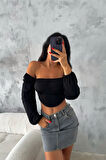 Siyah Madonna Yaka Korse Detaylı Balon Kol Crop Bluz