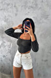 Haki Madonna Yaka Korse Detaylı Balon Kol Crop Bluz