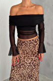 Madonna Yaka Tül Detay Straplez Crop Bluz