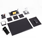 Opta 10 Parça Şahlanan At Biblolu Siyah Deri Sümen Seti Takımı Gümüş Ofis Masa İsimliği Lüks İsimlik