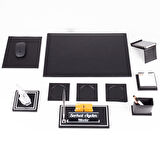 Opta 10 Parça Şahlanan At Biblolu Siyah Deri Sümen Seti Takımı Gümüş Ofis Masa İsimliği Lüks İsimlik