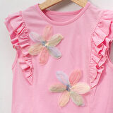 Kız Çocuk Çiçekli Fırfırlı Kısa Kollu %100 Pamuklu T-shirt