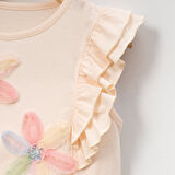 Kız Çocuk Çiçekli Fırfırlı Kısa Kollu %100 Pamuklu T-shirt