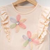 Kız Çocuk Çiçekli Fırfırlı Kısa Kollu %100 Pamuklu T-shirt